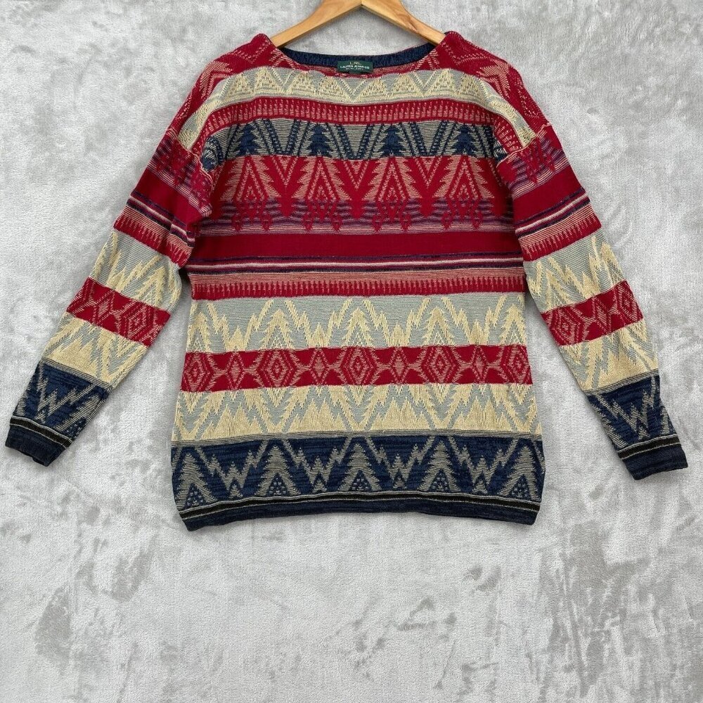 Lauren Ralph Lauren Southwest Aztec 100% Cotton Boho Boatneck Sweater